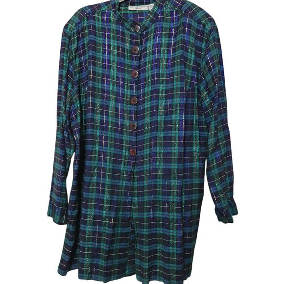 Victoria Jones Woman Tops - Victoria Jones Tunic Top Size 1X Green Metallic Front Buttons Plaid